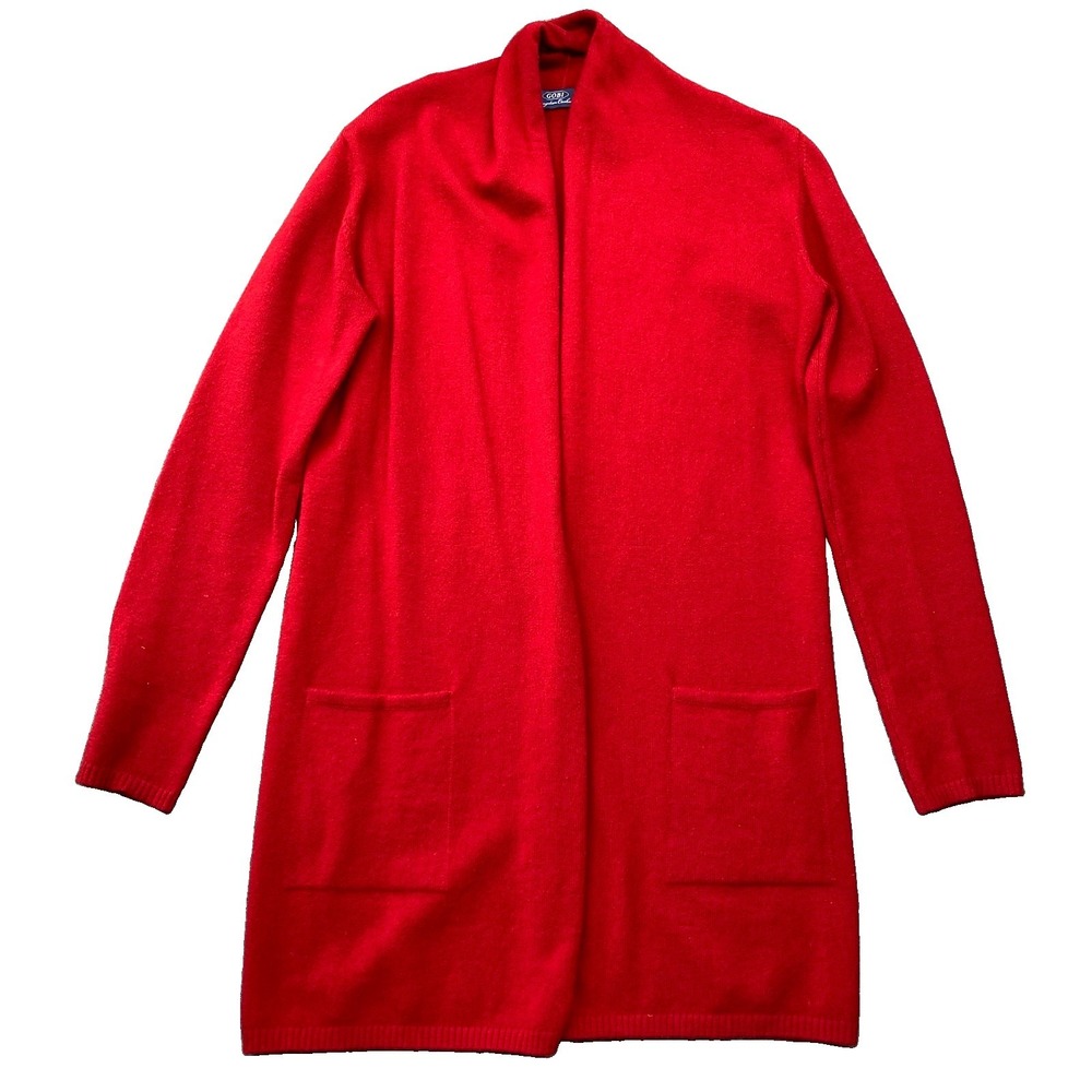 Gobi Cashmere Cardigan Size M Red Open Front Pockets Old Money Holiday Chic